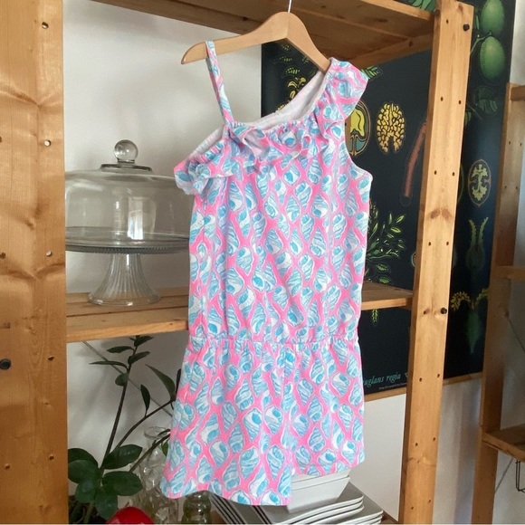 Lilly Pulitzer Pink Blue Seashell Print One Shoulder Ruffle Shorts Terry Romper - Picture 4 of 13